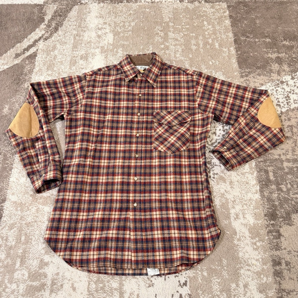 Vtg Lobo By Pendelton Shirt Mens Medium 100% Wool Plaid Flannel Elbow Patches